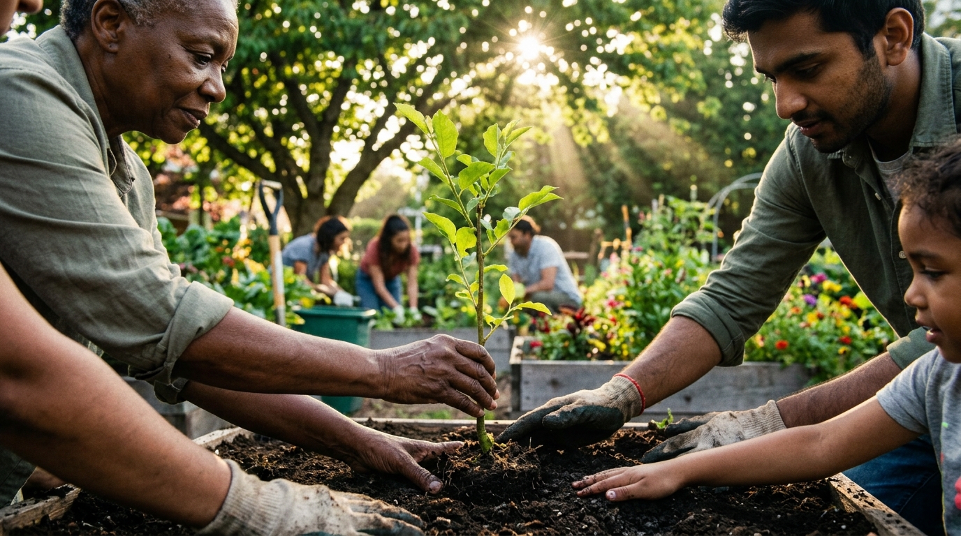 Pessoas plantando uma muda juntas — Reflorestamento Humano